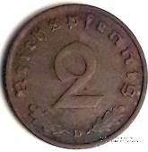 2 рейхспфеннинга 1938 г. (D)