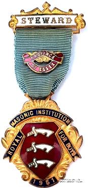 Знак RMIB 1951. STEWARD ROYAL MASONIC INSTITUTION FOR BOYS.  – Королевский Масонский институт для мальчиков.