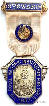 Знак RMIG 1937. STEWARD ROYAL MASONIC INSTITUTION FOR GIRLS – Королевский Масонский институт для девочек.
