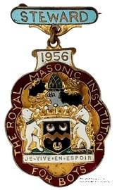 Знак RMIB 1956. STEWARD ROYAL MASONIC INSTITUTION FOR BOYS. – Королевский Масонский институт для мальчиков.